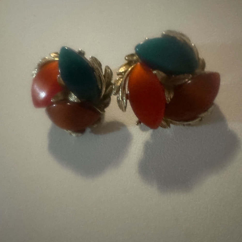 Vintage Multicolor Leaf Cluster Clip-On Earrings - Teal, Orange, and Gold